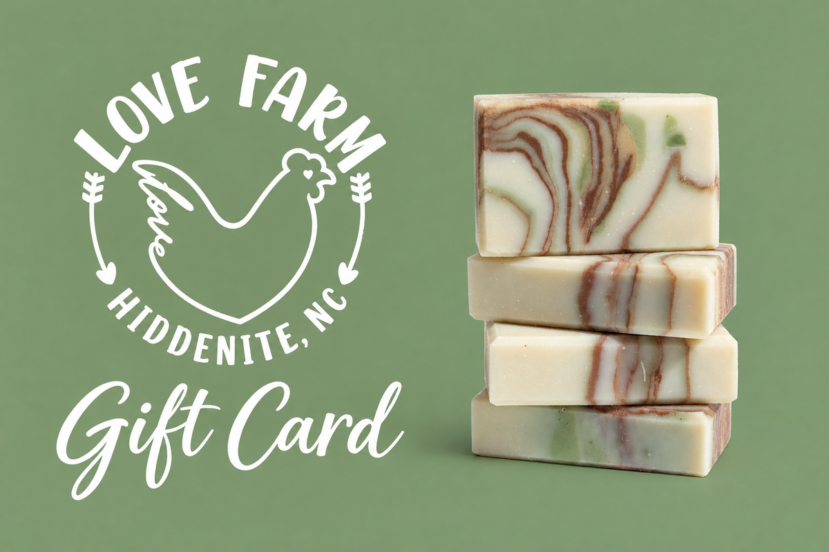 Love Farm gift card with Cardigan Love soap beside white logo and cursive lettering