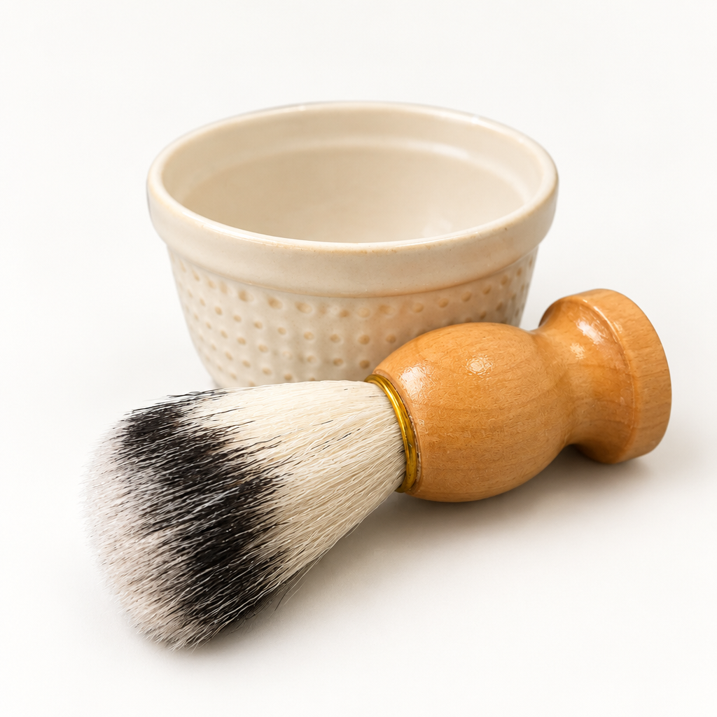 Replacement shave cup and brush on a clean background