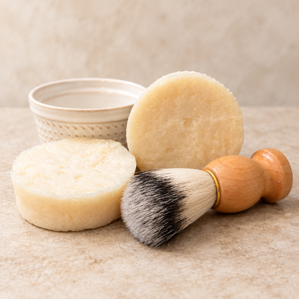 Smooth Love shave soap with cup and brush on a clean background
