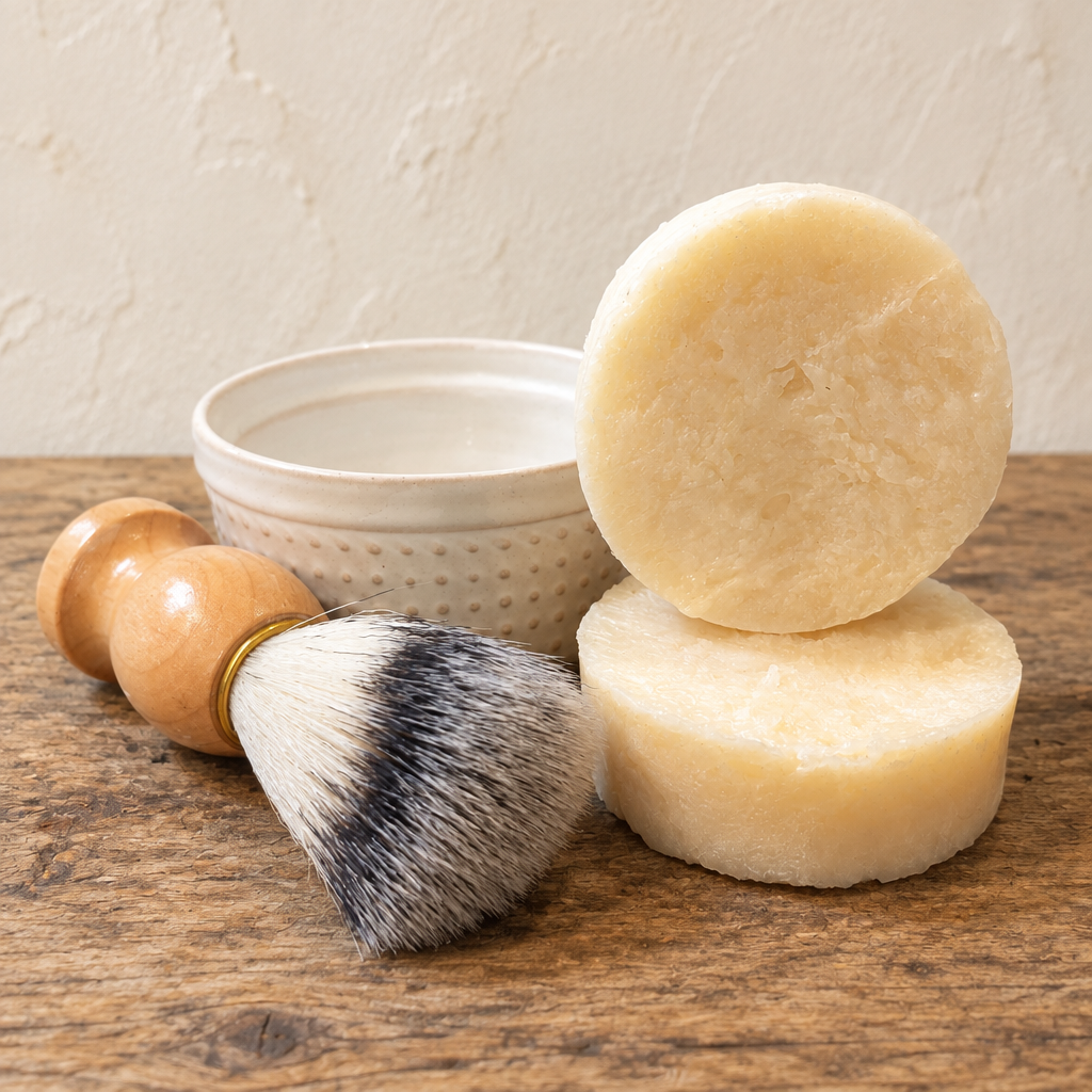 Two Smooth Love bars with shave cup and brush on a simple rustic surface